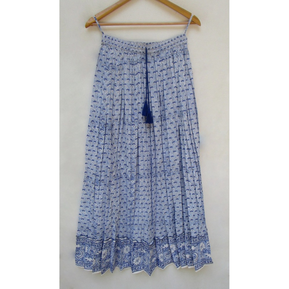Karni Blue White Block Print Maxi Skirt Elastic Waist Tassel Boho Free Size